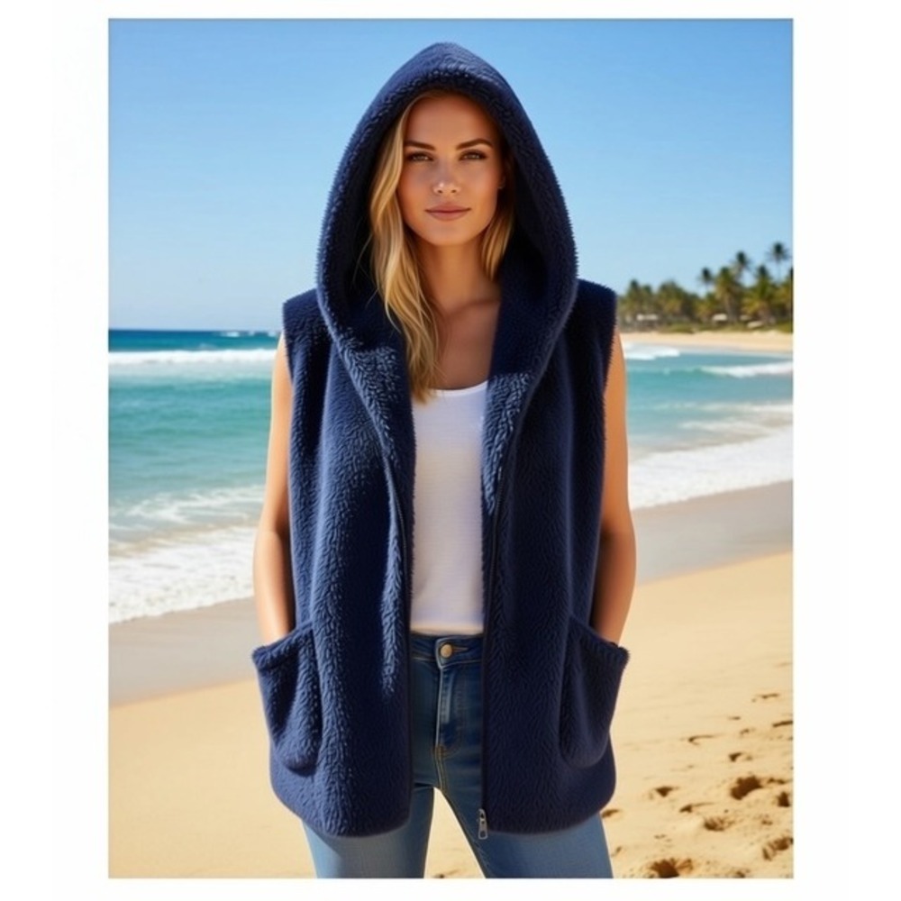 Zenana Outfitters‎ Navy Blue Sherpa Fleece Hooded Vest Sleeveless Jacket Medium